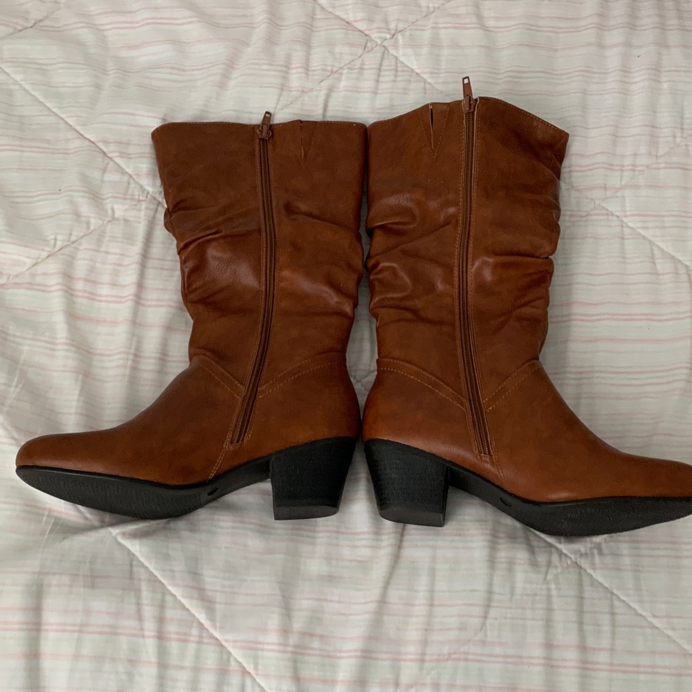 Cognac Heeled Boots for Women.  New in box.  Never worn. Size 8 1/2 M